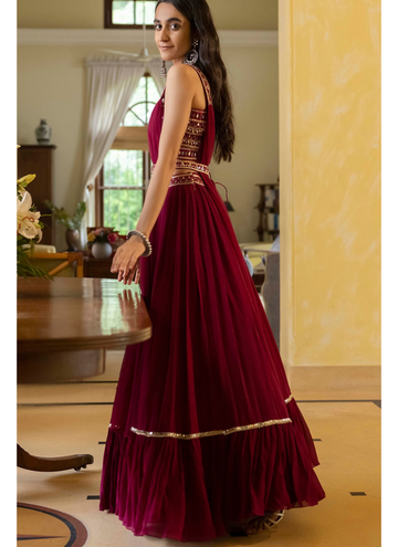 Designer Georgette Wine Lehenga Set With Mirror Work